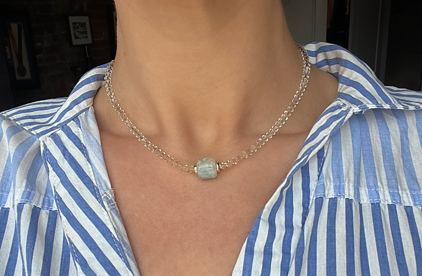 Champagne Crystal & Blue Stone Pendant Necklace