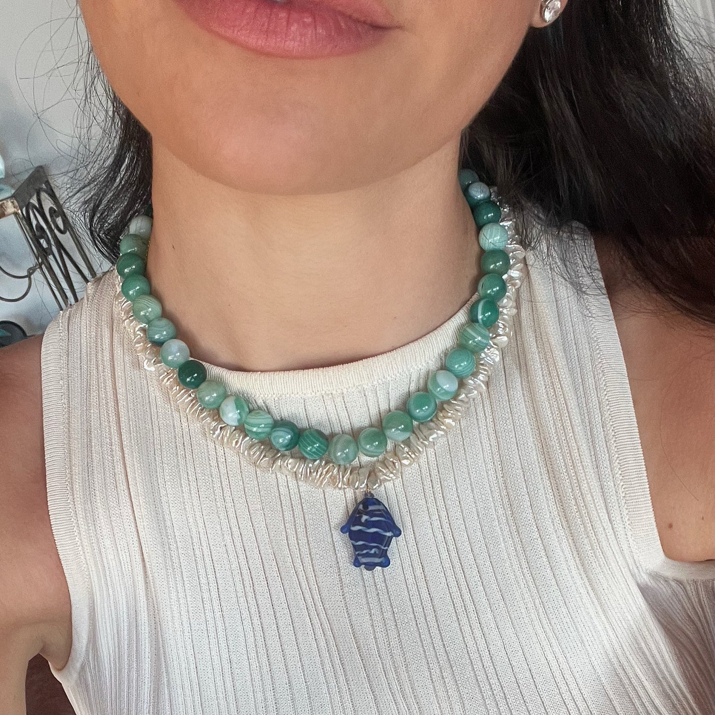 Champagne Chip Pearl & Blue Fish Pendant Necklace