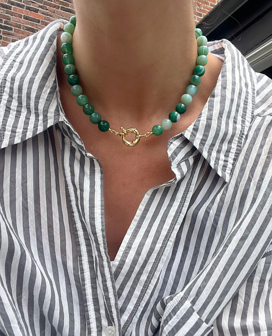 Green Agate Beads & Sailor Clasp Necklace
