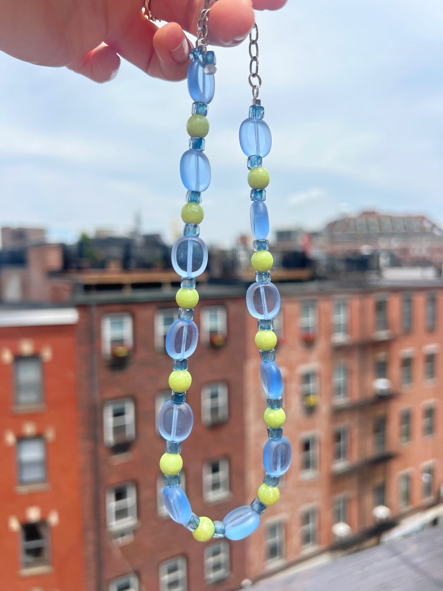 Blue Glass and Bright Green Beaded Necklace
