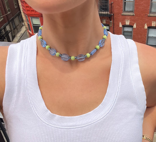 Blue Glass and Bright Green Beaded Necklace