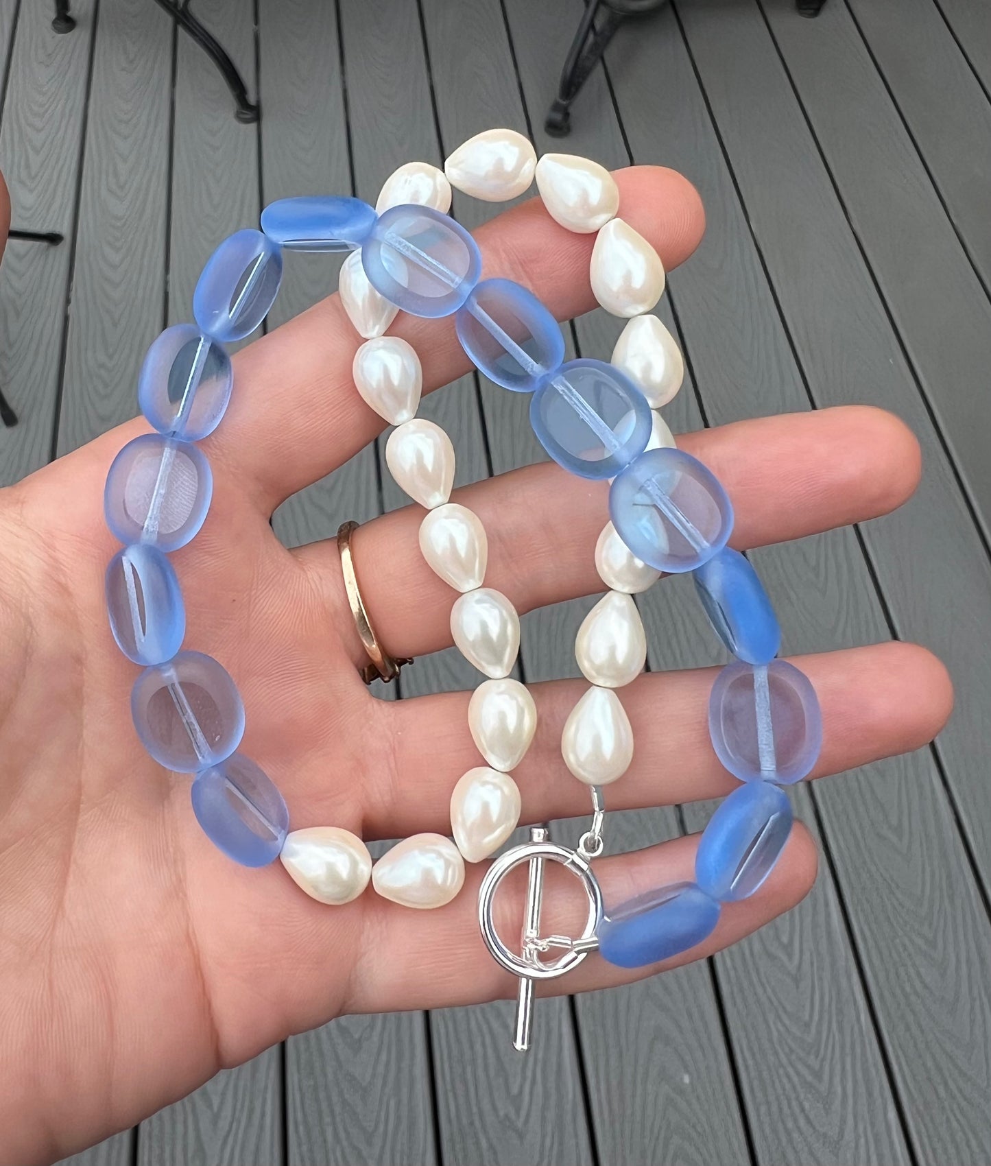Half Blue Glass Beads & Half Teardrop Pearl Necklace