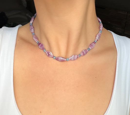 Purple Tiger Stripe & Blue Spacer Beaded Necklace