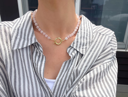 Rose Quartz Beads & Gold Sailor Clasp Necklace