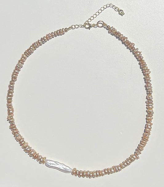 Champagne Chip Pearls & Off Center Flat Pearl Necklace
