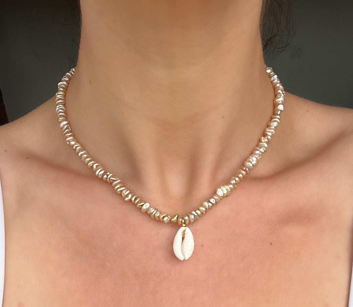 Champagne Chip Pearl & Shell Pendant Necklace