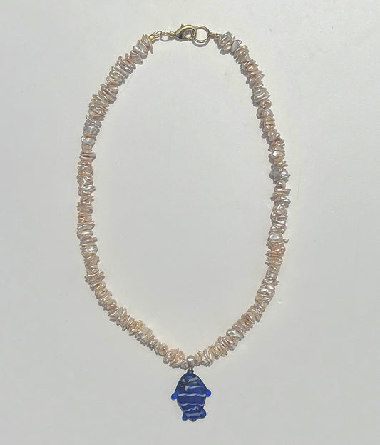 Champagne Chip Pearl & Blue Fish Pendant Necklace