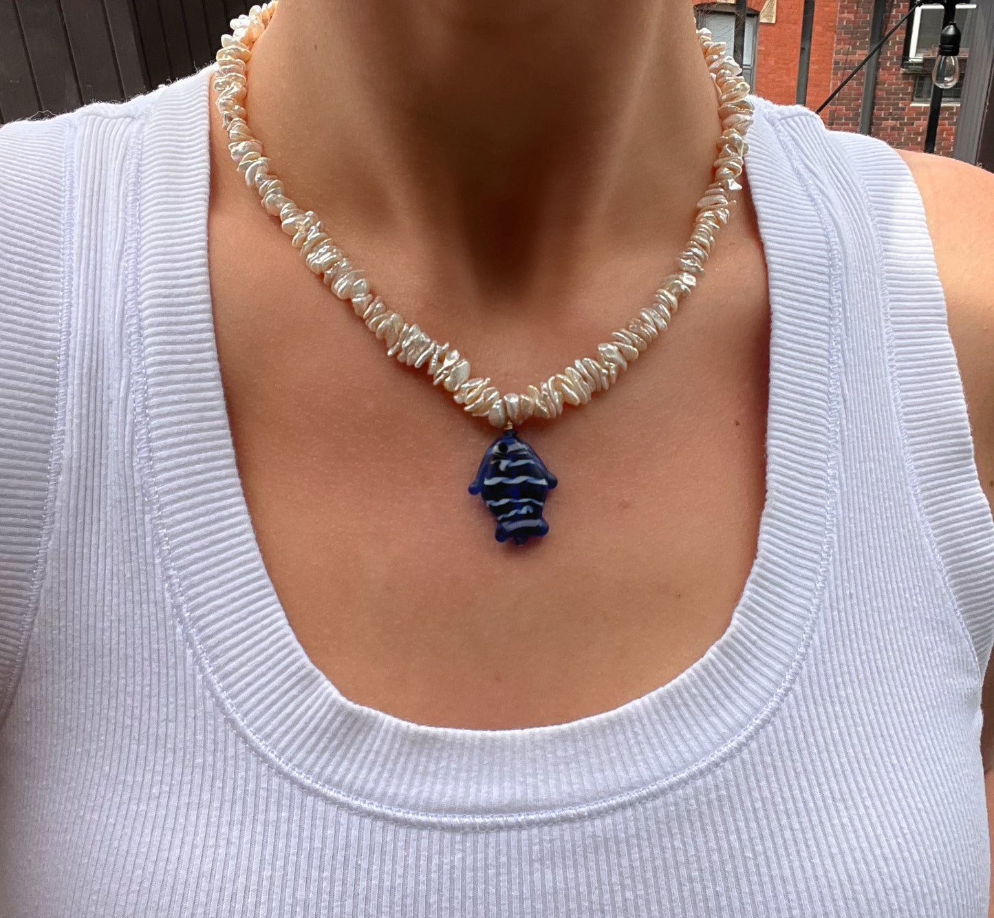 Champagne Chip Pearl & Blue Fish Pendant Necklace