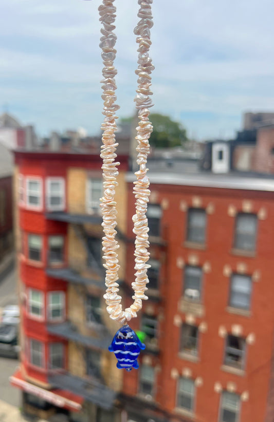 Champagne Chip Pearl & Blue Fish Pendant Necklace