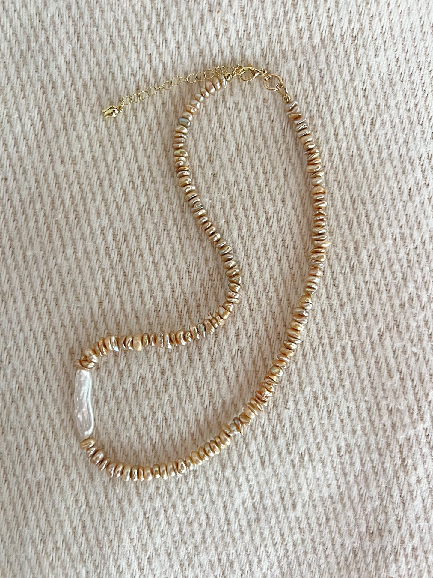 Champagne Chip Pearls & Off Center Flat Pearl Necklace