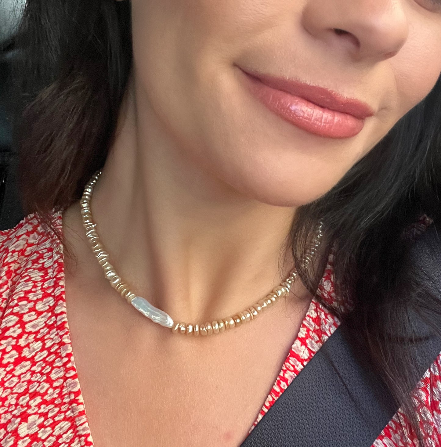 Champagne Chip Pearls & Off Center Flat Pearl Necklace