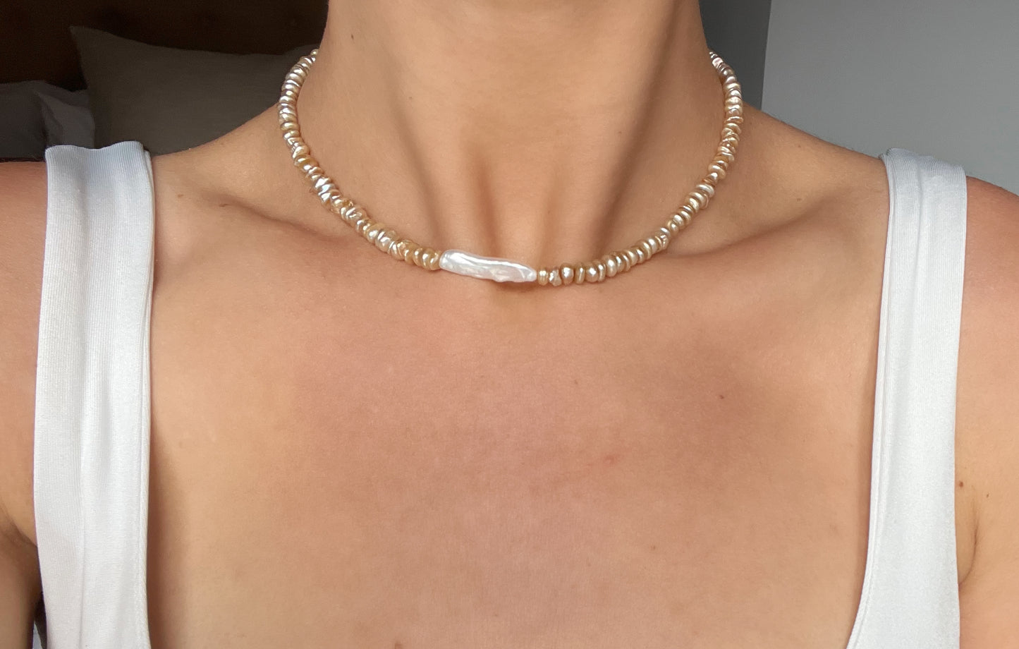 Champagne Chip Pearls & Off Center Flat Pearl Necklace