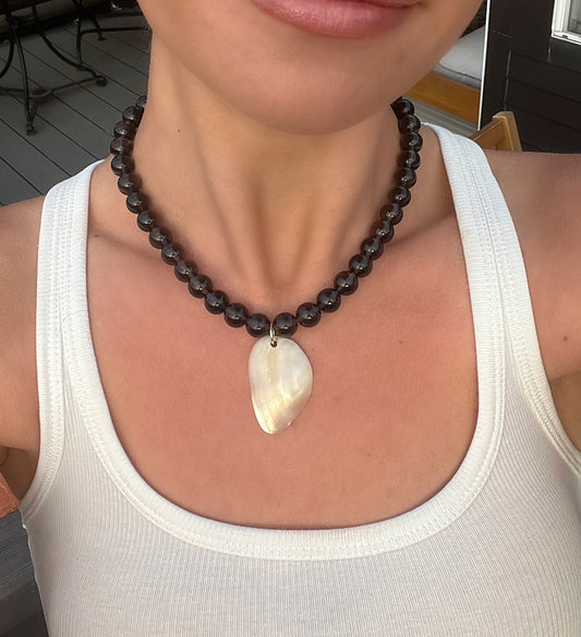 Dark Grey Bead & Mother of Pearl Shell Necklace