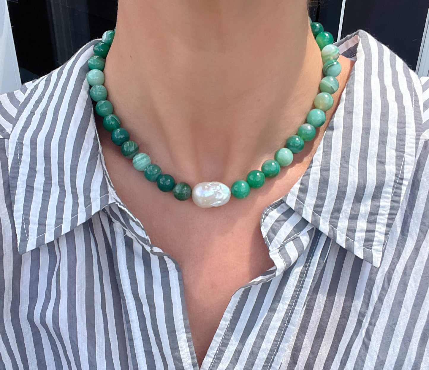 Green Agate Beads & Baroque Pearl Necklace