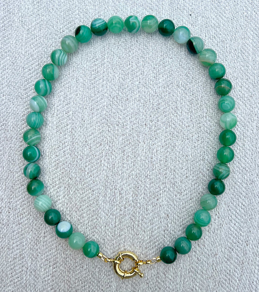 Green Agate Beads & Sailor Clasp Necklace