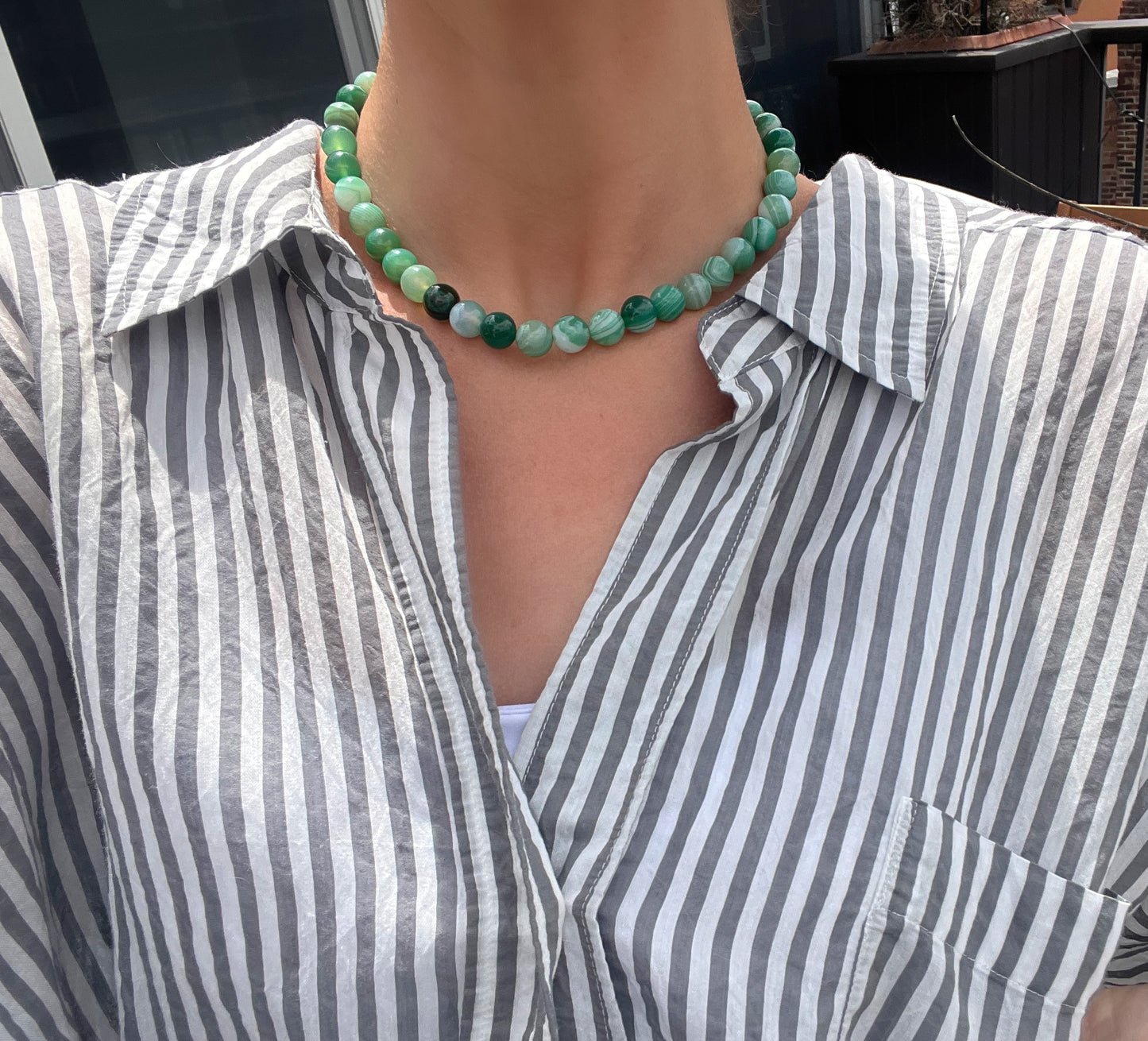Green Agate Beads & Sailor Clasp Necklace