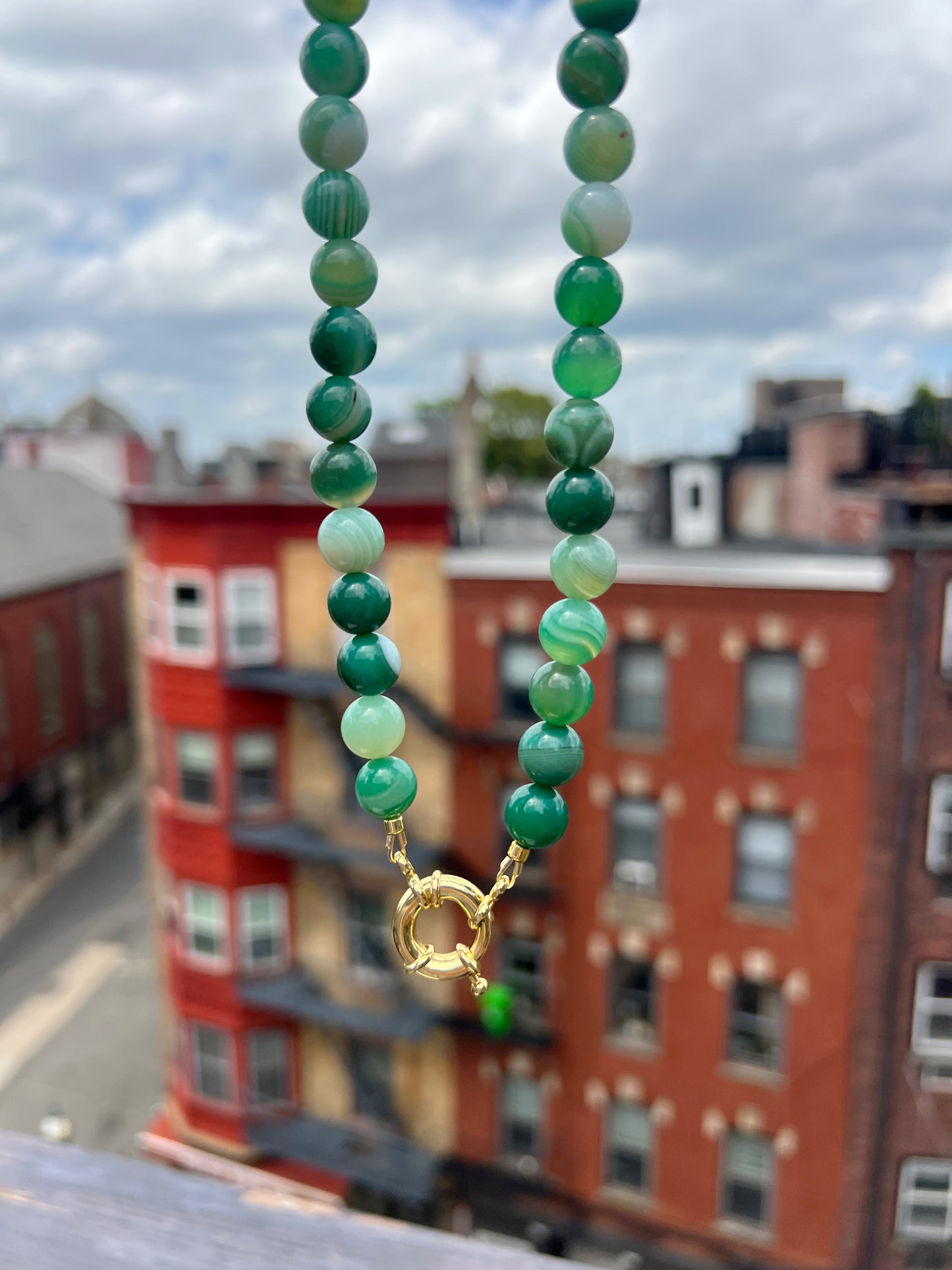 Green Agate Beads & Sailor Clasp Necklace