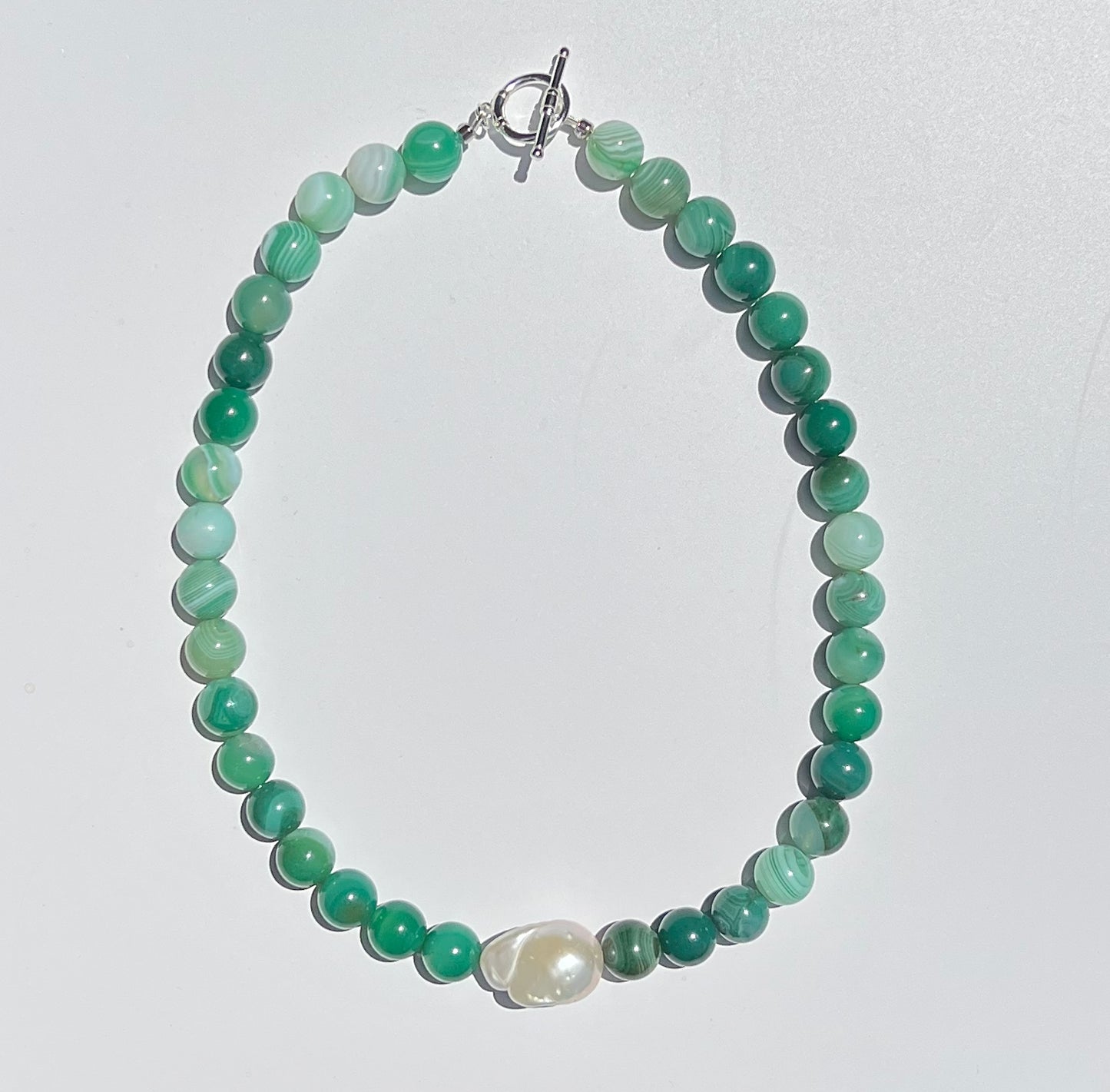 Green Agate Beads & Baroque Pearl Necklace