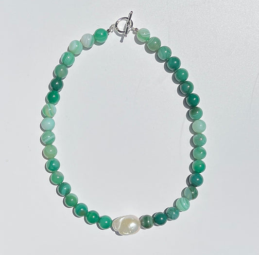 Green Agate Beads & Baroque Pearl Necklace