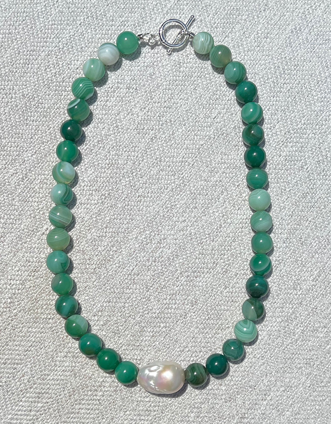 Green Agate Beads & Baroque Pearl Necklace