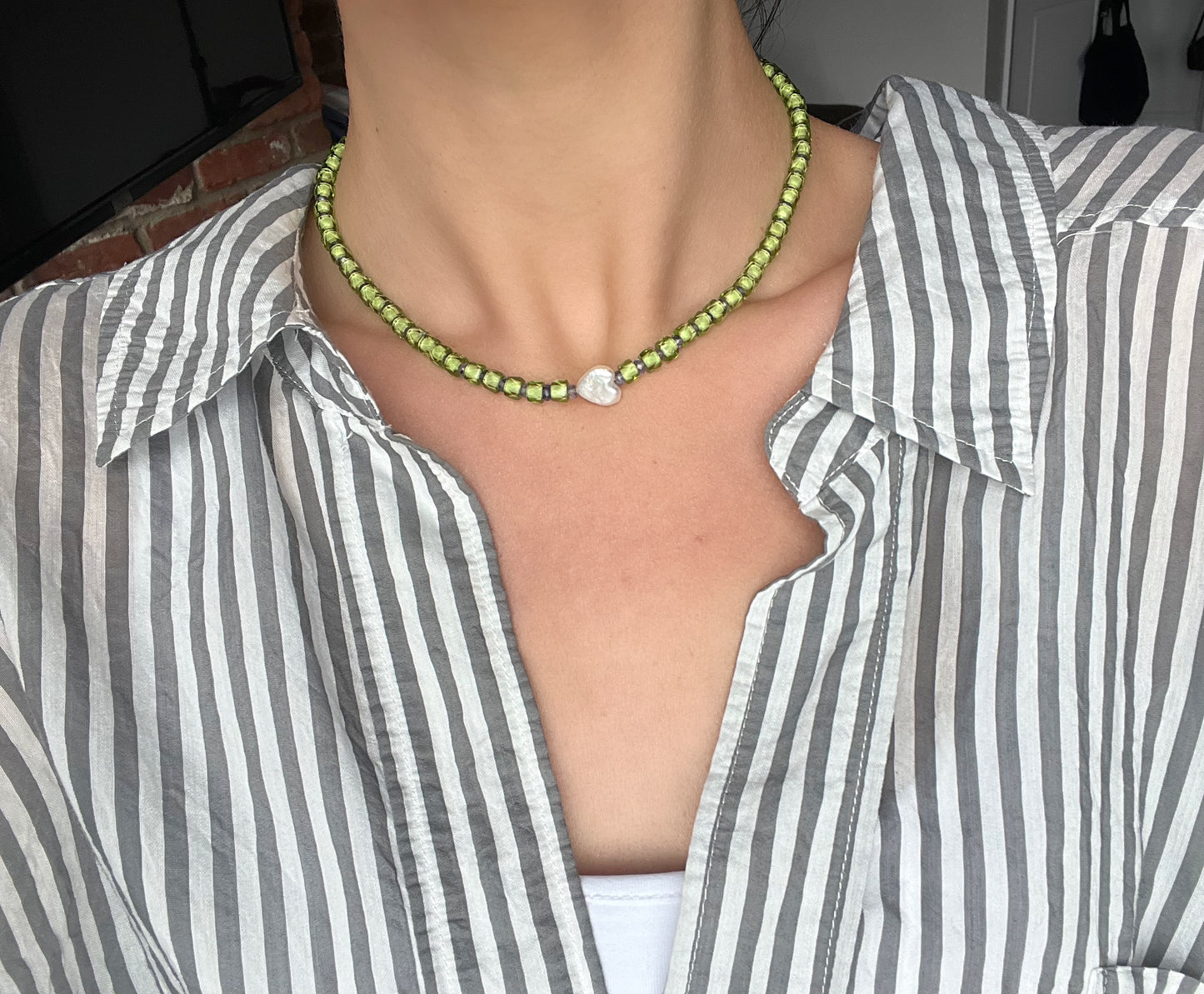 Green & Heart Pearl Necklace