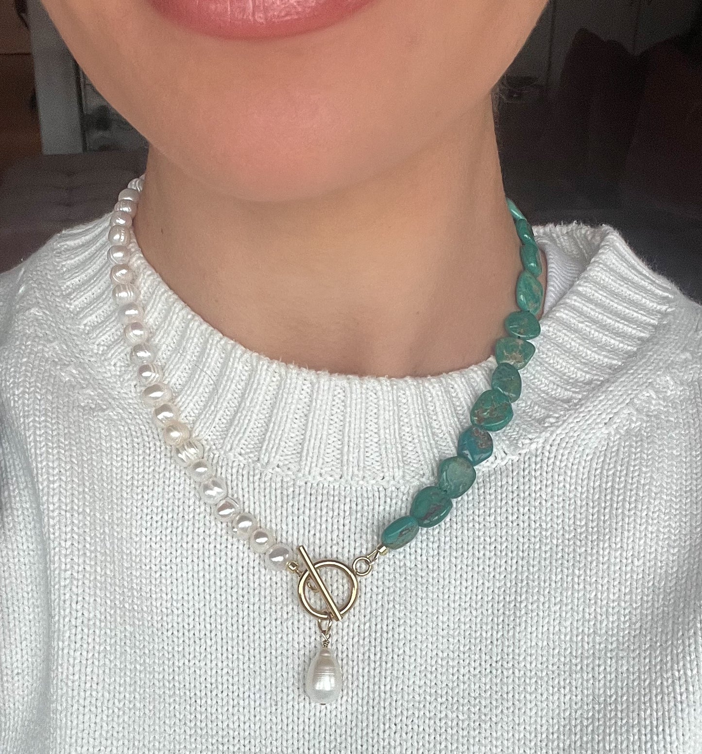 Half Turqoiuse & Half Pearl with Pearl Pendant Necklace