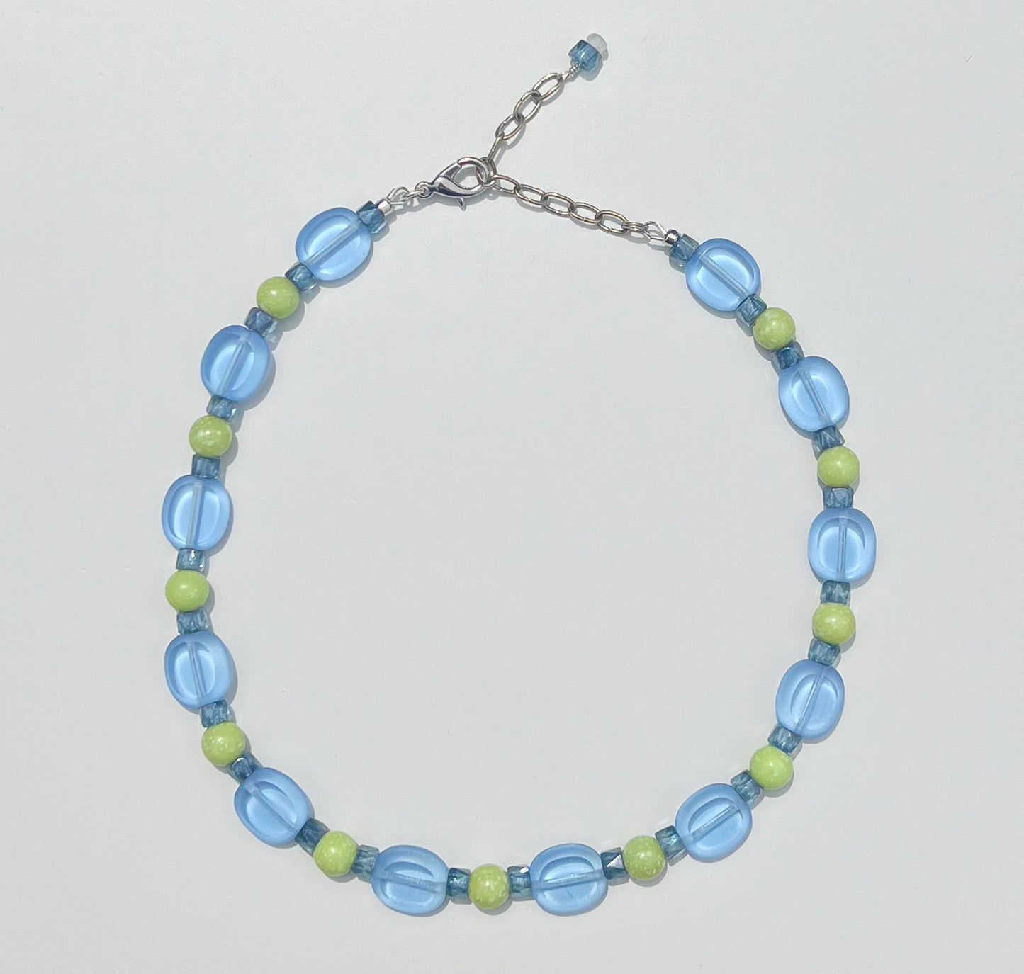 Blue Glass and Bright Green Beaded Necklace