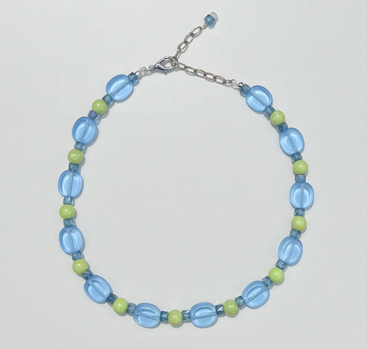 Blue Glass and Bright Green Beaded Necklace