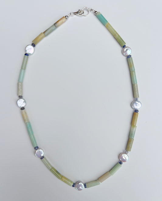 Cylinder Bead & Coin Pearl Necklace