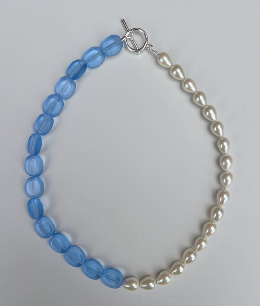Half Blue Glass Beads & Half Teardrop Pearl Necklace