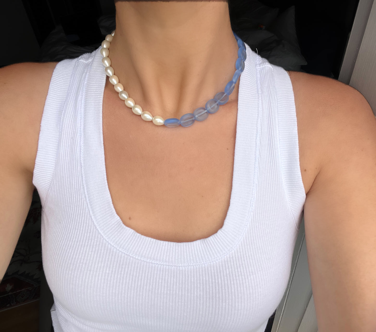 Half Blue Glass Beads & Half Teardrop Pearl Necklace