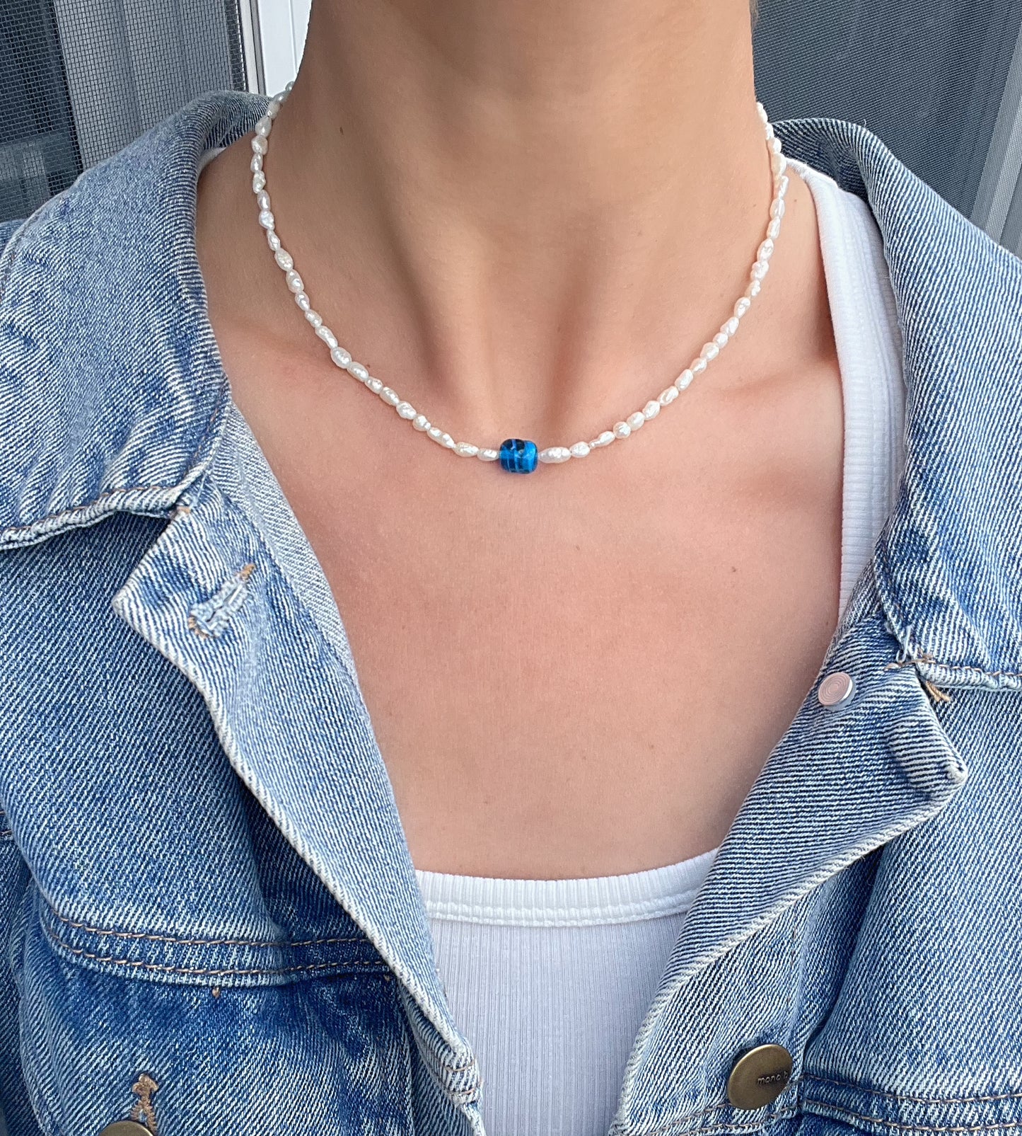 Mini Rice Pearl & Dark Blue Bead Pendant Necklace