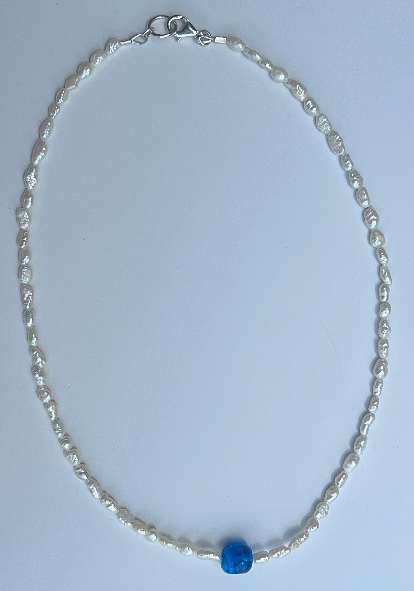 Mini Rice Pearl & Dark Blue Bead Pendant Necklace