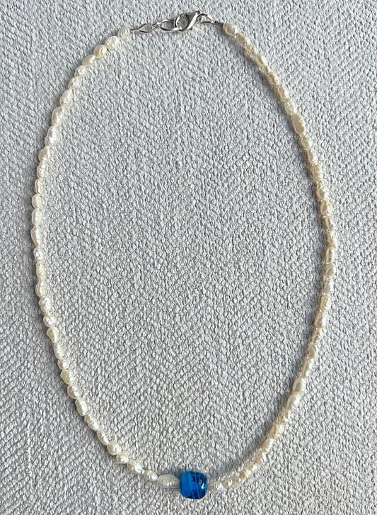 Mini Rice Pearl & Dark Blue Bead Pendant Necklace