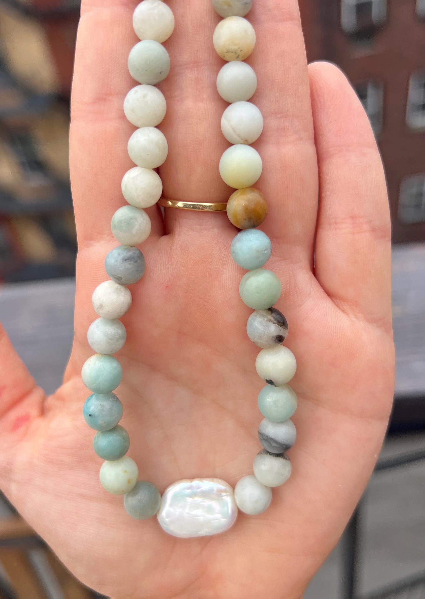 Multicolor Amazonite Beads & Flat Freshwater Pearl Necklace