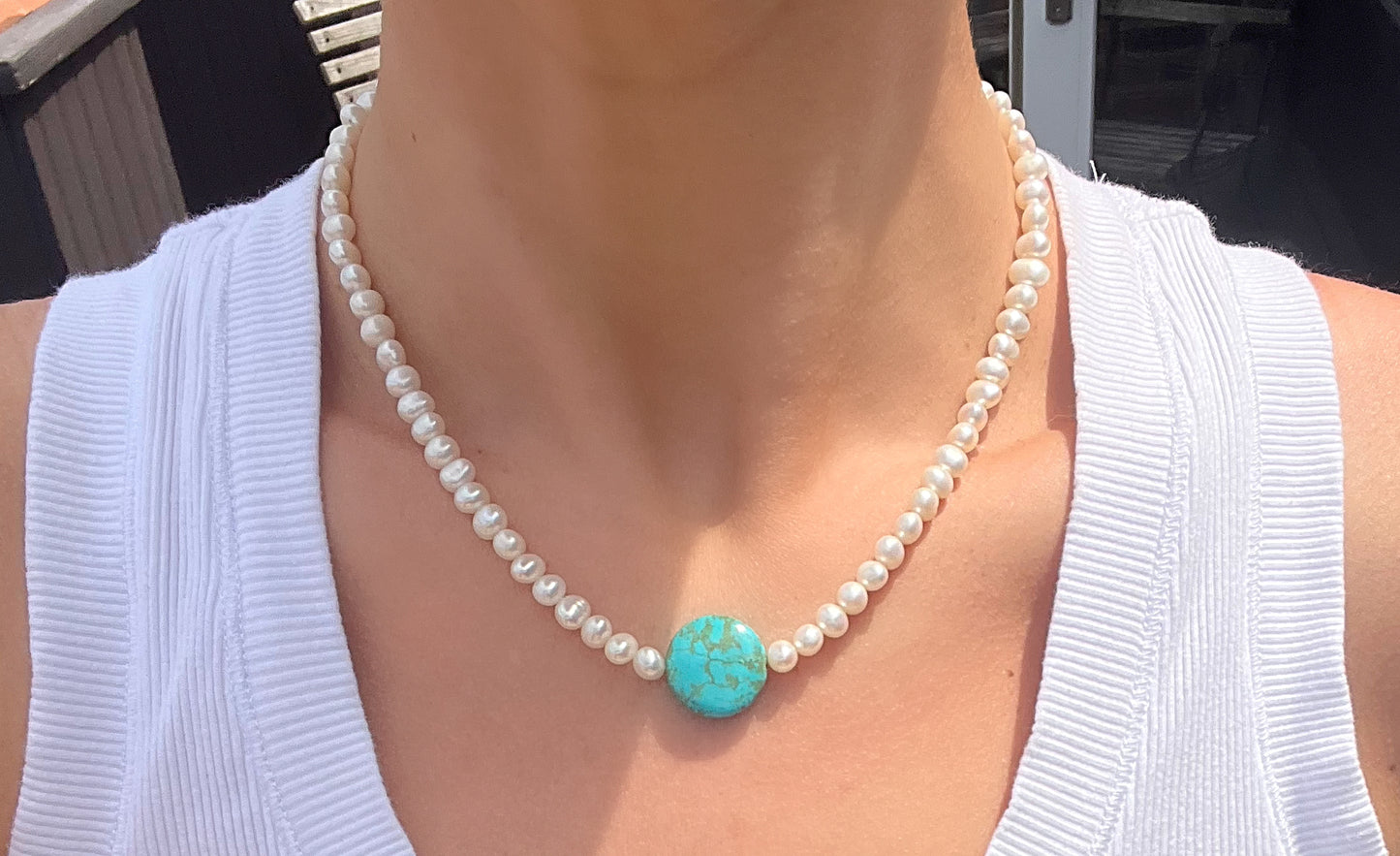 Pearl & Round Turquoise Pendant Necklace