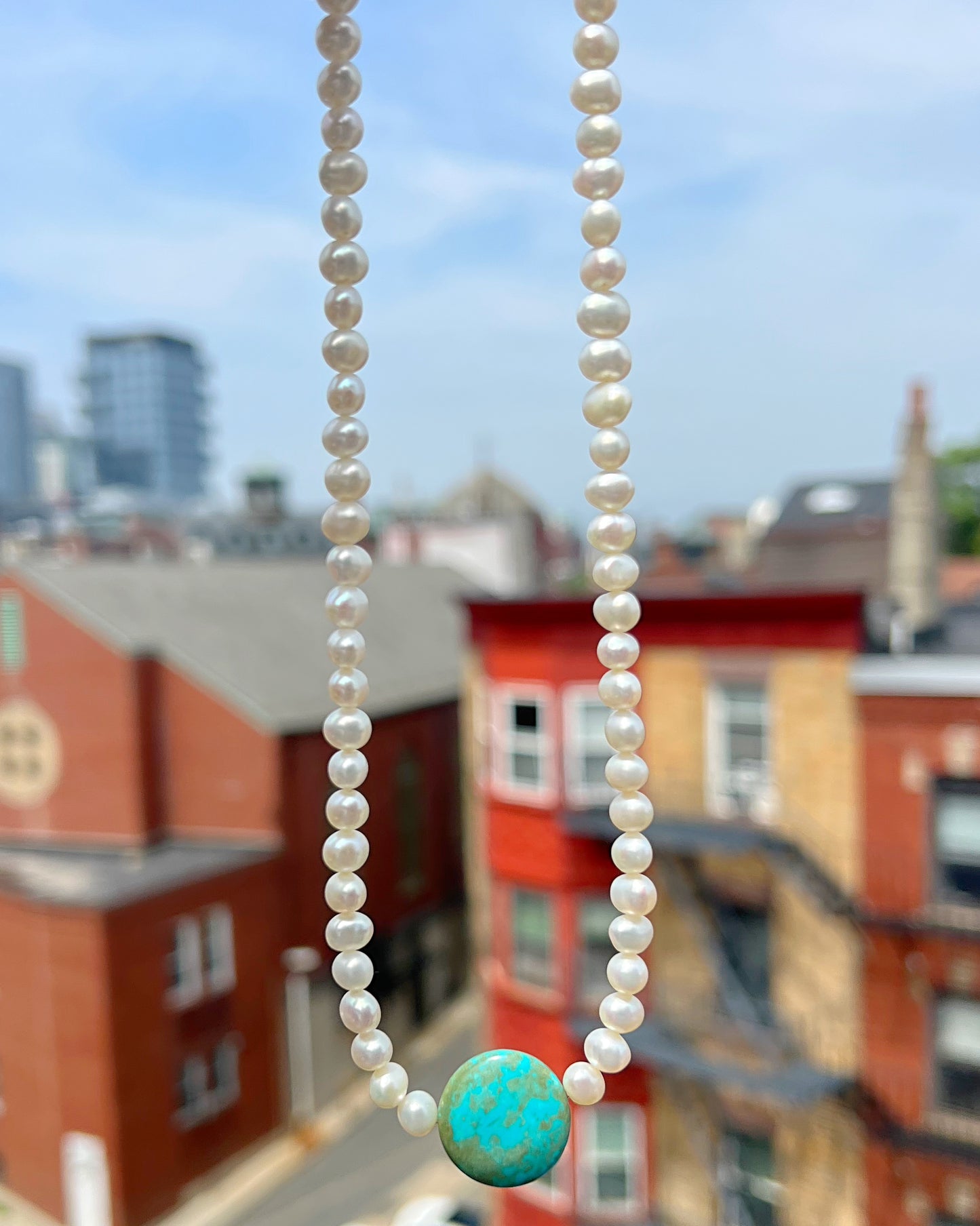 Pearl & Round Turquoise Pendant Necklace