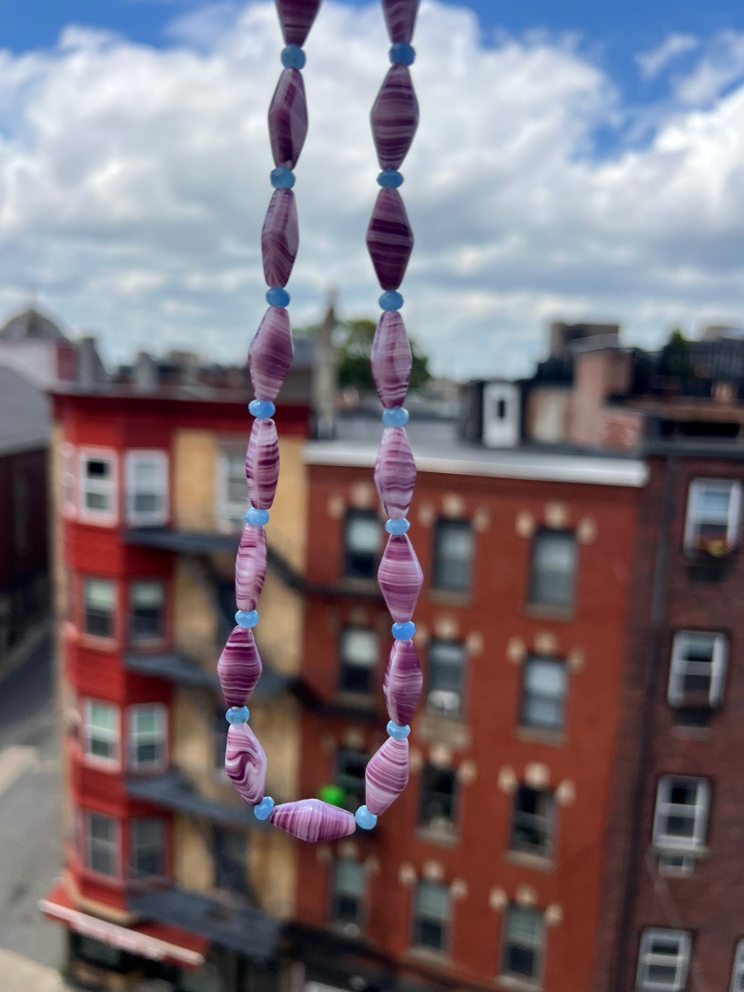 Purple Tiger Stripe & Blue Spacer Beaded Necklace