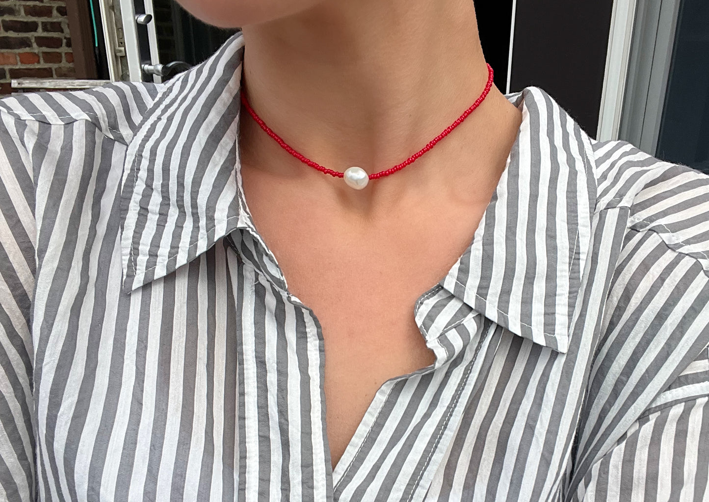 Red Seed Bead & Freshwater Pearl Necklace