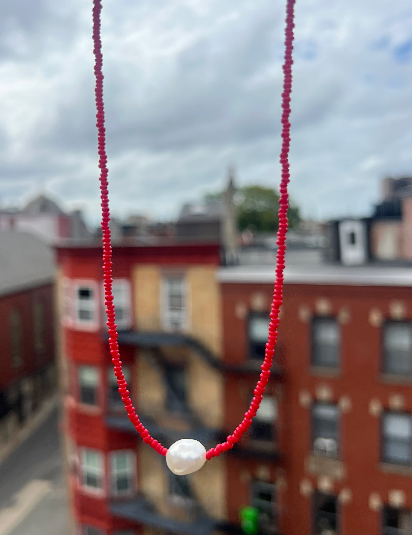 Red Seed Bead & Freshwater Pearl Necklace