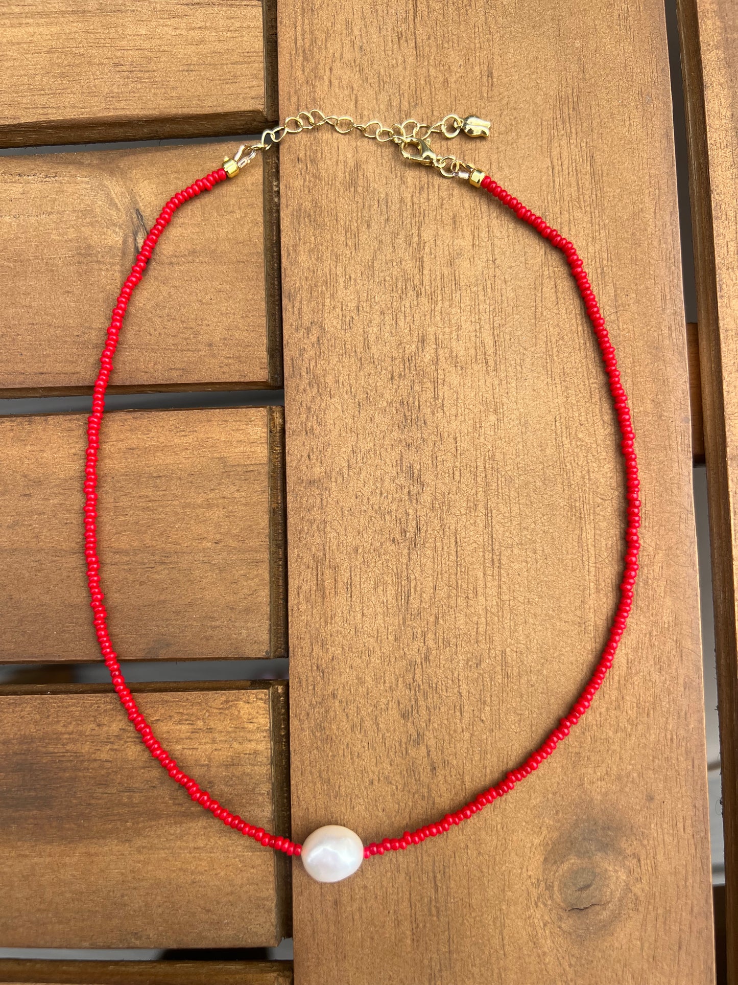 Red Seed Bead & Freshwater Pearl Necklace
