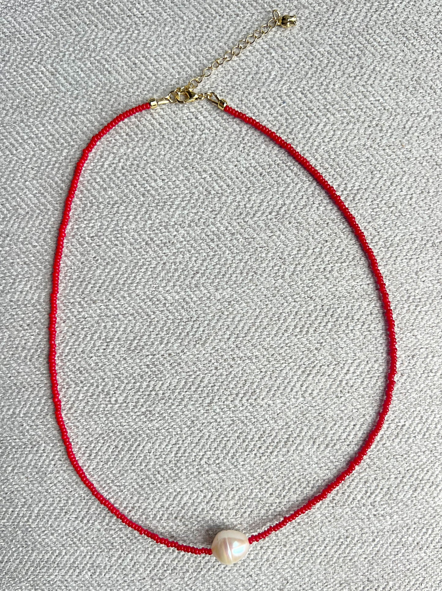 Red Seed Bead & Freshwater Pearl Choker