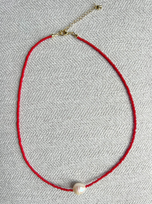 Red Seed Bead & Freshwater Pearl Choker