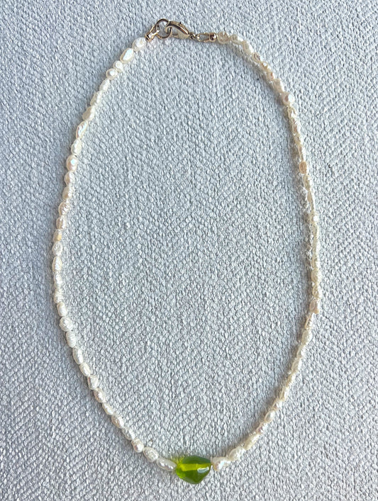 Mini Rice Pearl & Green Bead Pendant Necklace