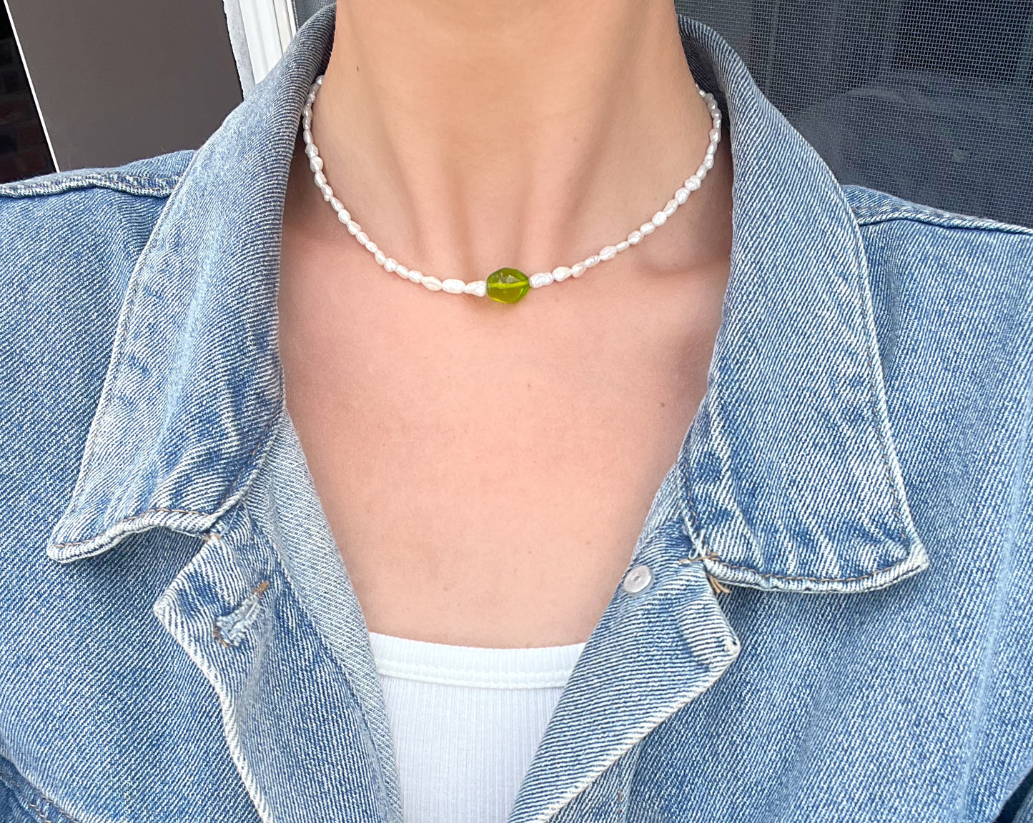 Mini Rice Pearl & Green Bead Pendant Necklace