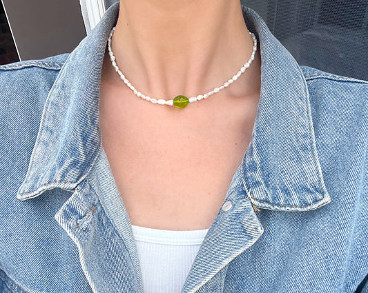 Mini Rice Pearl & Green Bead Pendant Necklace