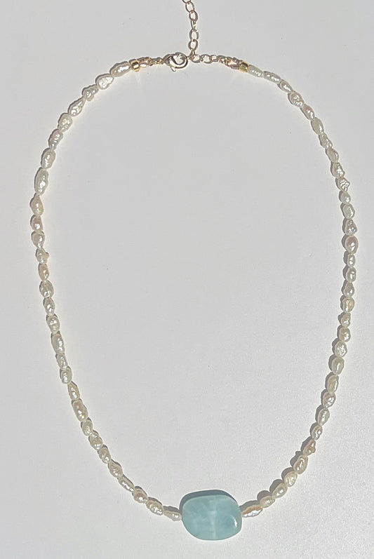 Mini Rice Pearl & Blue Stone Pendant Necklace