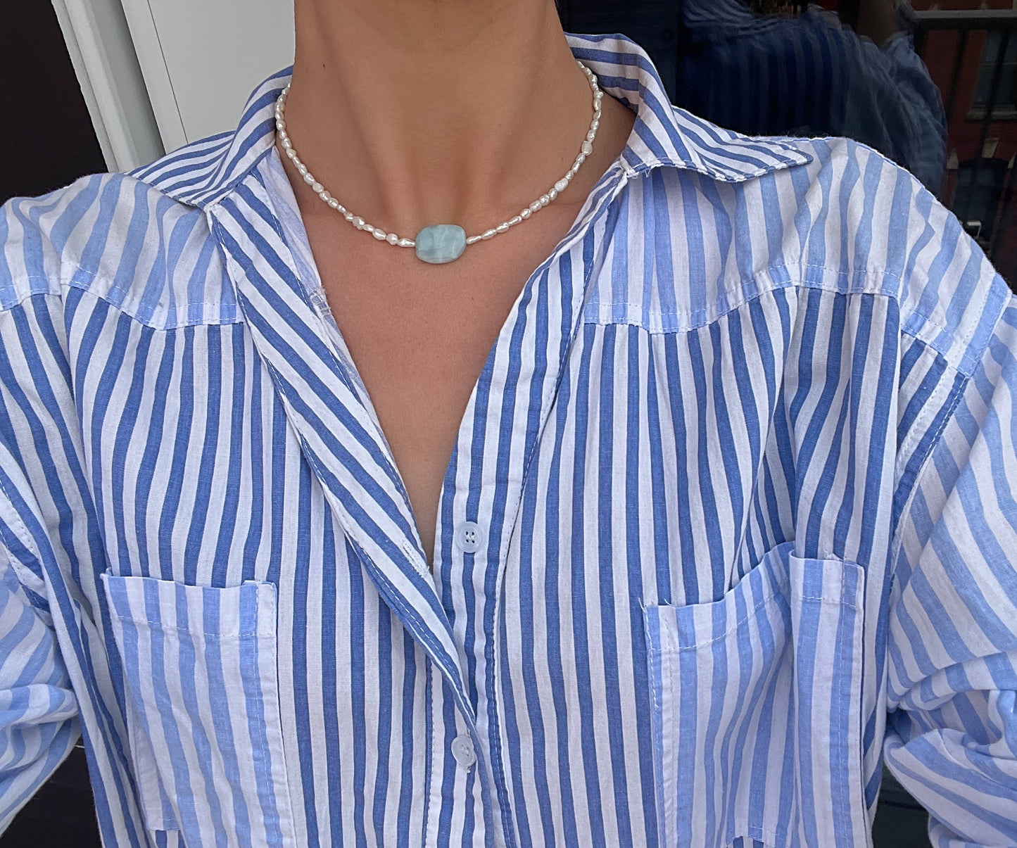 Mini Rice Pearl & Blue Stone Pendant Necklace