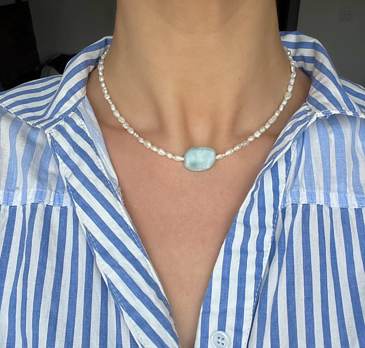 Mini Rice Pearl & Blue Stone Pendant Necklace