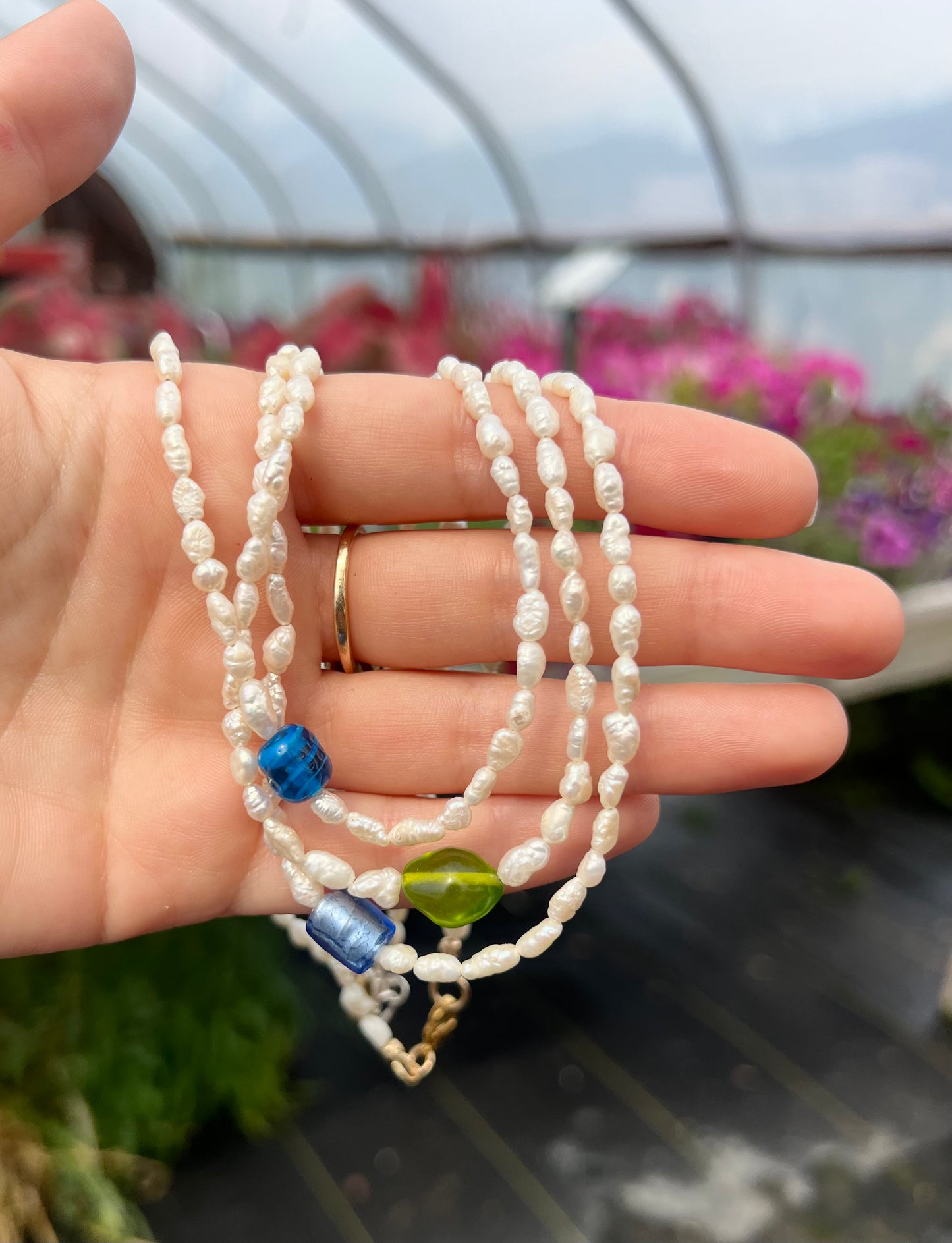 Mini Rice Pearl & Dark Blue Bead Pendant Necklace